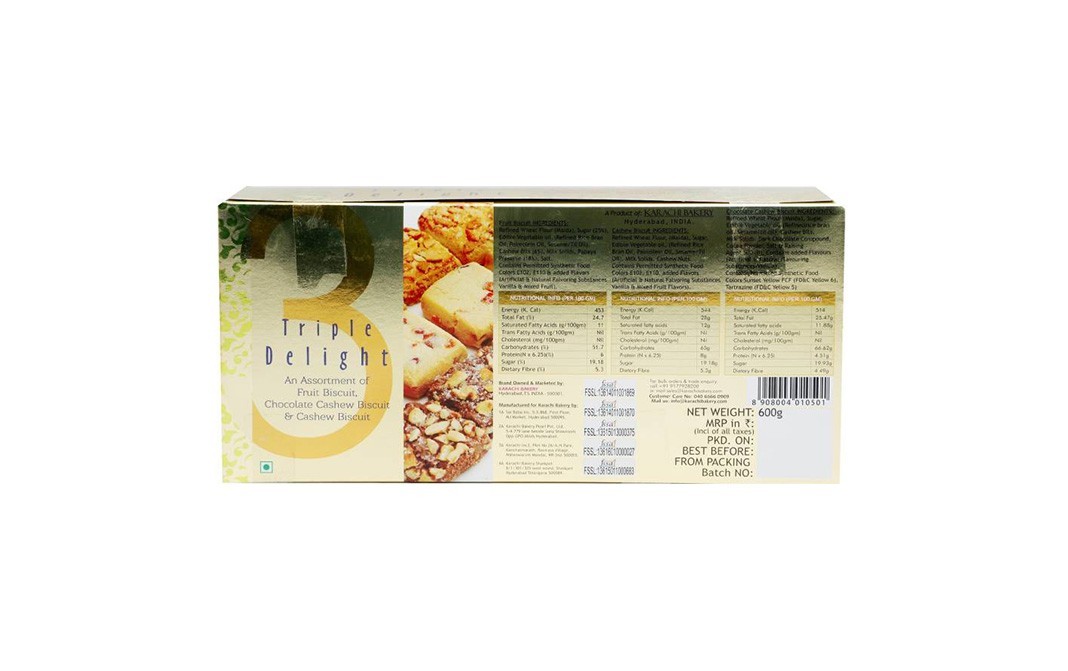 Karachi Bakery Triple Delight, An Assortment of Fruit, Chocolate & Cashew Biscuit   Box  600 grams